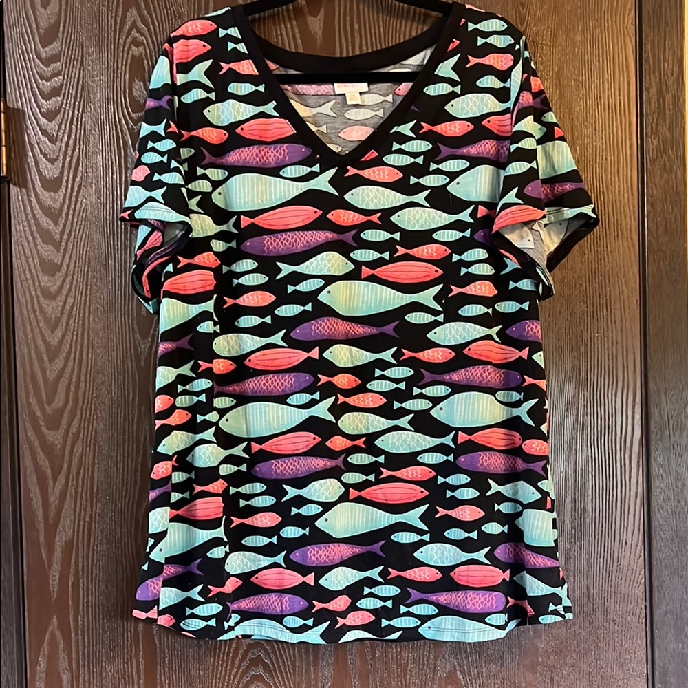 LuLaRoe Pink and Green Graphic Relaxed Tee